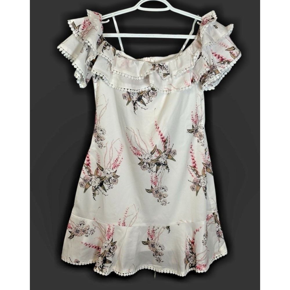 PARISIAN White Floral Pom Pom‎ Trim Ruffle Off Shoulder Dress  US 8